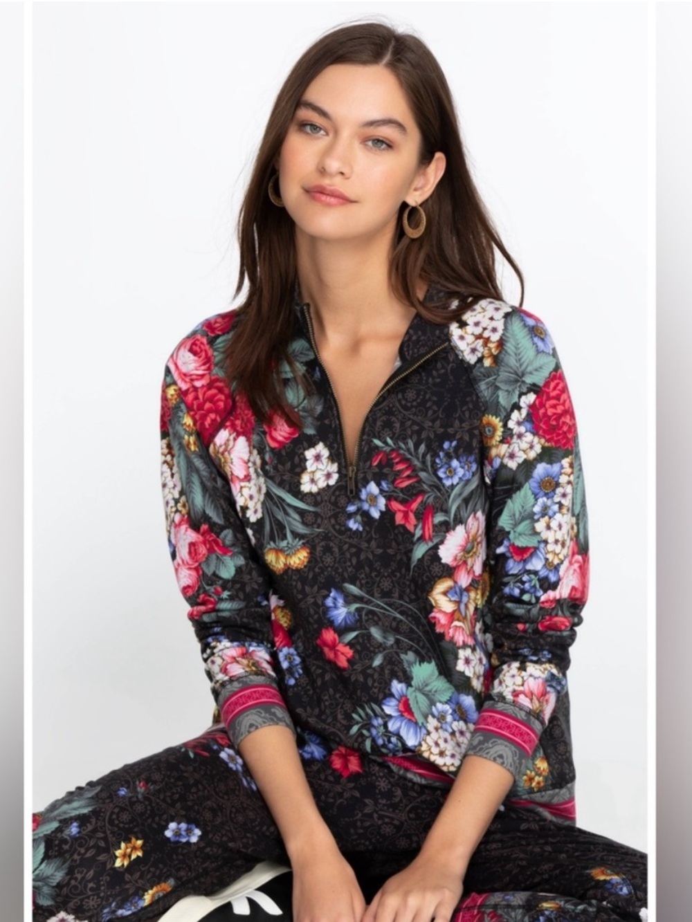 Johnny Was Onyx Sistine Half Zip Pullover Multi Floral Cotton Terry spandex XS
